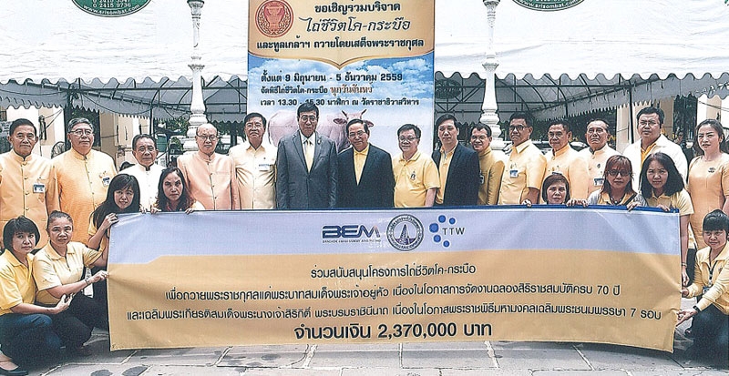 ถวายเป็นพระราชกุศล : ปลิว ตรีวิศวเวทย์ ประธานกรรมการบริหาร บริษัท ช.การช่าง จำกัด (มหาชน) พร้อมด้วยคณะผู้บริหาร ร่วมเป็นเจ้าภาพในโครงการไถ่ชีวิตโค-กระบือ เพื่อถวายเป็นพระราชกุศลแด่พระบาทสมเด็จพระเจ้าอยู่หัวในโอกาสมหามงคลฉลองสิริราชสมบัติครบ 70 ปี และเฉลิมพระเกียรติสมเด็จพระนางเจ้าสิริกิติ์ พระบรมราชินีนาถ เนื่องในโอกาสพระราชพิธีมหามงคลเฉลิมพระชนมพรรษา 7 รอบเป็นจำนวนเงิน 2.37 ล้านบาท โดยมี ศาสตราจารย์พิเศษ พรเพชร วิชิตชลชัย ประธานสภานิติบัญญัติแห่งชาติ พร้อมคณะกรรมการโครงการ เป็นผู้รับมอบ ณ วัดราชาธิวาสวิหาร