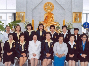 วารุณวรรณ ตั้งสุวรรณ ประธานชมรมคู่สมรสตุลาการศาลยุติธรรม, ดร.ศุลีมาศ สุทธิสัมพัทน์ ประธานบริหารพุทธสถานตุลาการเฉลิมพระเกียรติ, เภสัชกรหญิงอาภรณ์ สายเชื้อผู้อำนวยการโรงพยาบาลตุลาการเฉลิมพระเกียรติ ถ่ายภาพร่วมกันกับคณะชมรมคู่สมรสตุลาการศาลยุติธรรม และคณะผู้พิพากษาสมทบ ศาลเยาวชนและครอบครัวกลาง