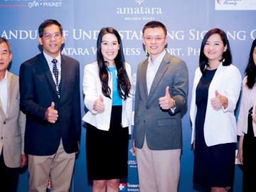 ท่องเที่ยวเพื่อสุขภาพ : อมาธารา เวลเนส รีสอร์ท นำโดยผศ.ดร.ปรารถนา ปุณณกิติเกษม กก.ผจก. พร้อมทีมผู้บริหาร ถ่ายภาพร่วมกันในพิธีลงนามบันทึกข้อตกลงความร่วมมือด้านบริการท่องเที่ยวเพื่อสุขภาพ โดยมี นพ.ก้องเกียรติ เกษเพ็ชร์ ประธานคณะผู้บริหาร กลุ่ม รพ.กรุงเทพ ภาคใต้ และ กก.ผจก. บจ.รพ.กรุงเทพ ภูเก็ต และ อรจิรา คนองชัยยศ ผอ.แผนกส่งเสริมคู่ค้าธุรกิจพันธมิตร ฝ่ายการพาณิชย์ บมจ. การบินกรุงเทพ ร่วมลงนาม ในครั้งนี้ด้วย ณ อมาธารา เวลเนส รีสอร์ท จ.ภูเก็ต