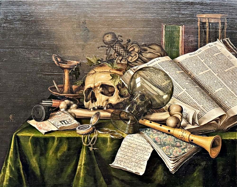 Still Life with Books and Manuscripts and a Skull โดย Edwaert Collier

