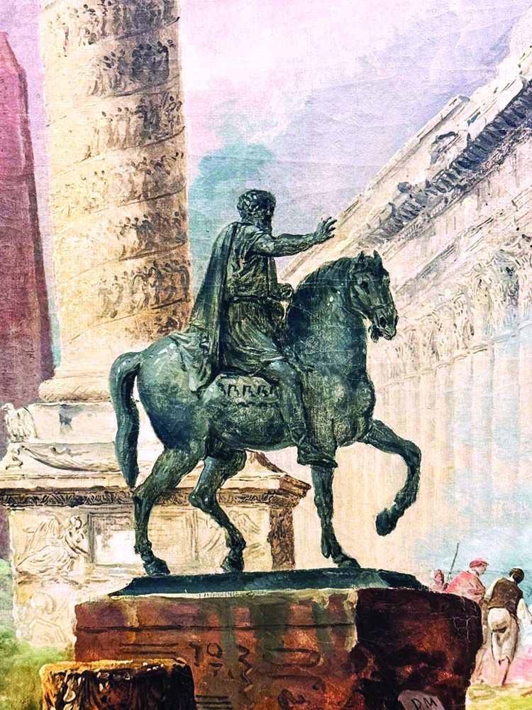 Imaginary View of Rome with Equestrian Statue of Marcus Aurelius, The Column of Trojan and a Temple by Hubert Robert