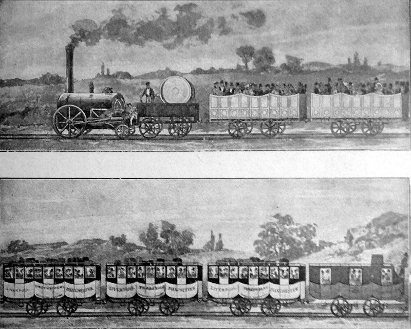 ภาพวาดรถไฟระหว่างเมืองแห่งแรกของโลก เส้นทางคือ ลิเวอร์พูล ไป แมนเชสเตอร์