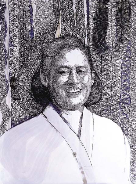 “สมเด็จพระเทพฯ” โดย ชิงชัย อุดมเจริญกิจ
เทคนิคการวาดหมึกดำบนผ้าใบ