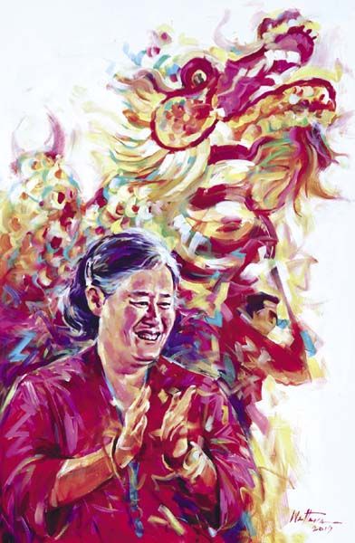 “มิ่งขวัญ สัมพันธ์ ไทย-จีน” โดย วัฒนา พูลเจริญ เทคนิคการวาด
สีอะคริลิกบนผ้าใบ