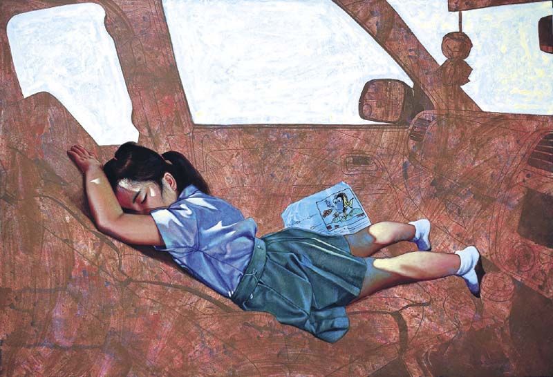 “เย็นวันศุกร์” โดย ลาภ อำไพรัตน์ เทคนิคการวาด สีน้ำมัน, สีอะคริลิกบนผ้าใบ