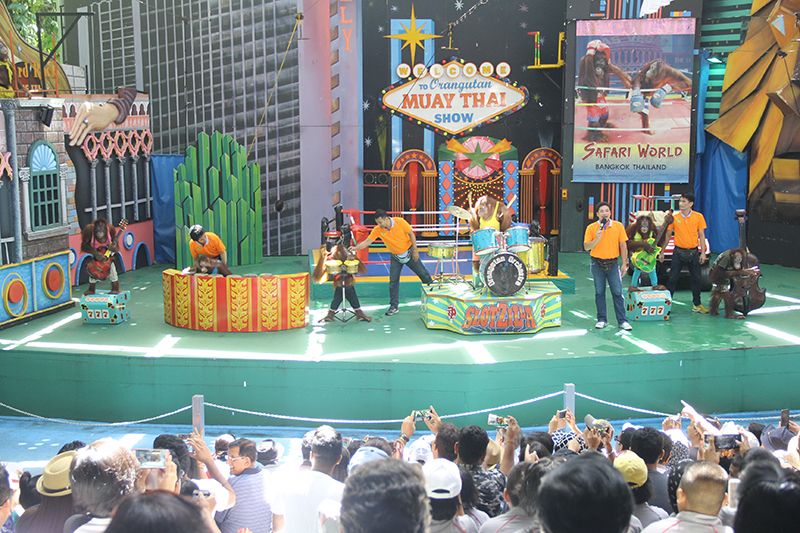 เด็กๆ นั่งชมการแสดงลิงกันอย่างมีความสุขในกิจกรรมพาน้องท่องโลกกว้างเด็กๆ 
