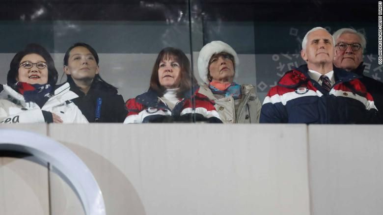 รองประธานาธิบดีไมค์ เพนซ์ของสหรัฐ และภรรยา ,นางคิมโยจอง น้องสาวคิมจองอึน , ภรรยาประธานาธิบดีมุนแจอิน 