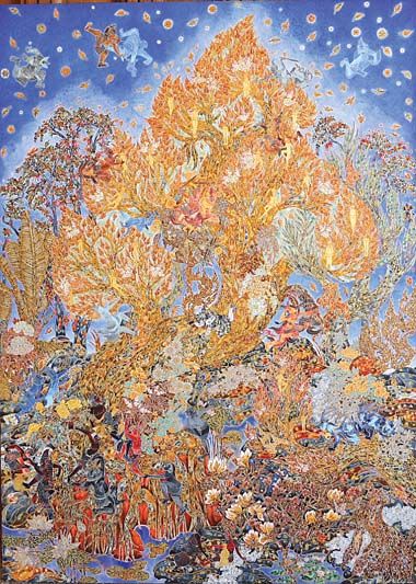 รางวัลที่ 3 จิตรกรรมไทยแนวประเพณี ผลงานชื่อ “สุขนาฏกรรมจากหิมพานต์” โดย สุรพันธ์ ขวัญแสนสุข