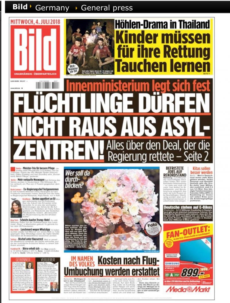 BILD ฉบับวันที่ 4 กรกฎาคม ซึ่งมีการติดตามและนำเสนอข่าว 13 หมูป่าอย่างใกล้ชิด