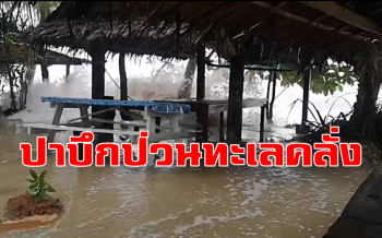 คลิป ระทึก\'ปาบึก\'พ่นพิษทำทะเลคลั่งซัดฝั่งเมืองคอนน้ำทะลักเข้าท่วมถนน