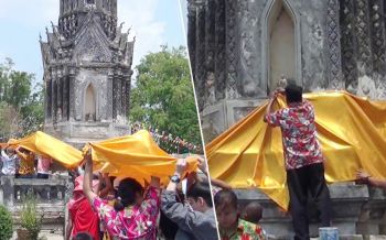 ชาวบ้านนับพันแห่ผ้าห่มพระปรางค์สมัยพระเจ้าตากสิน ร่วมก่อพระเจดีย์ทราย