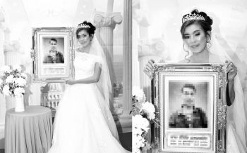 สุดเศร้า! สาวใส่ชุดวิวาห์สีขาว ถ่ายกับรูปหน้าศพของแฟนหนุ่ม