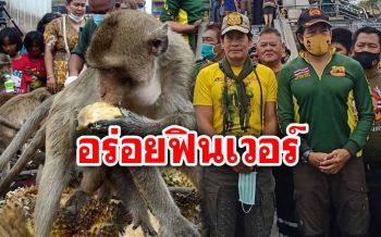 เจ้าจ๋อถูกใจสิ่งนี้! ‘บิณฑ์-เอกพันธ์’ จัดโต๊ะจีนผลไม้ให้ลิงลพบุรีแบบจัดเต็ม