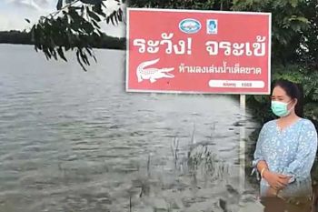 ผวา!ป้ายแจ้งเตือนระวังจระเข้ ปักริมแม่น้ำชีเมืองสุรินทร์ ห้ามลงเล่นน้ำเด็ดขาด