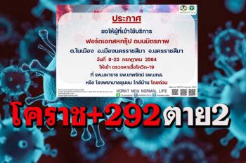 โคราชติดเชื้ออีก 292 เสียชีวิต 2 ใครไปศูนย์รถยนต์ ถ.มิตรภาพรีบรายงานตัวด่วน