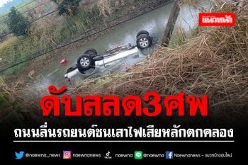 สลด!! ถนนลื่นรถยนต์ชนเสาไฟเสียหลักตกคลองดับ 3 ศพ