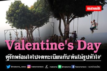 Valentine\'s Day 2023 คู่รักพร้อมใจไปจดทะเบียนกับ\'ต้นไม้รูปหัวใจ\'เป็นสักขีพยาน