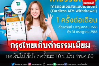ธ.กรุงไทย ประกาศเก็บค่าธรรมเนียม ถอนเงินไม่ใช้บัตรผ่านตู้เอทีเอ็มครั้งละ10บ.