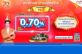ธอส.ฉลองครบรอบ 70 ปี จัดโปรโมชันสินเชื่อบ้านอัตราดอกเบี้ย 0.70% นาน 6 เดือน