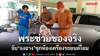 สาธุ!\'หลวงพี่\' ช่วยกู้ภัยจับ\' จงอาง\' ยาว 2 เมตรซุกในห้องเครื่องรถยนต์ชาวบ้าน