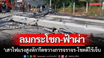 ลมกระโชกแรง-ฟ้าผ่า ‘เสาไฟแรงสูงหัก\' กีดขวางการจราจร-โชคดีไร้เจ็บ