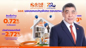ธอส. ฉลองครบ 72 ปี ปล่อยสินเชื่อบ้านดอกเบี้ยต่ำ 0.72% ต่อปี เงินฝากดอกเบี้ยสูงสุด 2.72% ต่อปี