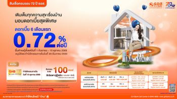ธอส.ฉลองครบ 6 รอบ 72 ปี จัดสินเชื่อบ้านอัตราดอกเบี้ยต่ำเริ่มต้นเพียง 0.72% ต่อปี