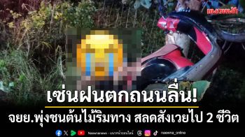 เซ่นฝนตกถนนลื่น! จยย.เสียหลักพุ่งชนต้นไม้ริมทาง น่าสลดสังเวยไป 2 ชีวิต