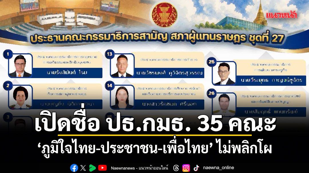 ​เปิดรายชื่อประธาน กมธ. 35 คณะ ภูมิใจไทย-ประชาชน-เพื่อไทย ไม่พลิกโผ