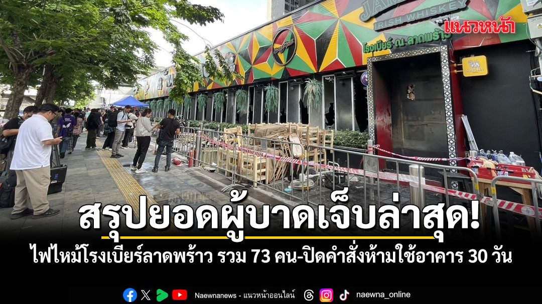 สรุปยอดผู้บาดเจ็บล่าสุด! ไฟไหม้โรงเบียร์ลาดพร้าว รวม 73 คน เขตจตุจักร ปิดคำสั่งห้ามใช้อาคาร 30 วัน
