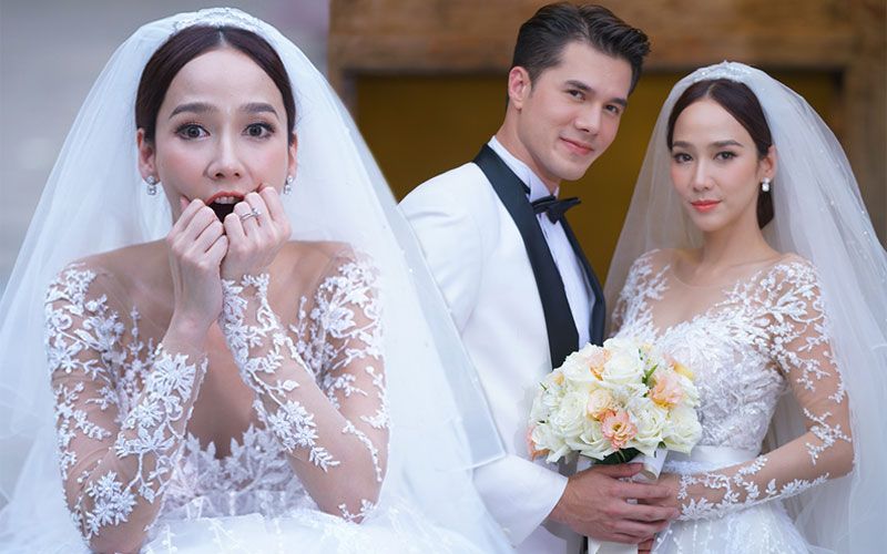 สวย สง่า สมนางพญา  ซุปตาร์ 'อั้ม พัชราภา' ในลุคเจ้าสาว ควงเจ้าบ่าว 'มิกซ์ ทองระย้า'