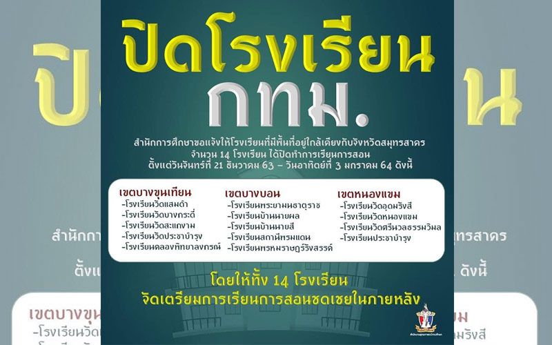สั่งปิด14โรงเรียน! เขต'บางขุนเทียน-บางบอน-หนองแขม'