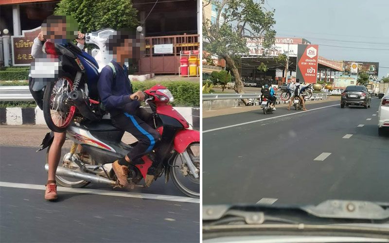 สุดๆไปเลย! นักเรียนขนมอเตอร์ไซค์ ซ้อนท้ายเพื่อนแบบสบายๆ