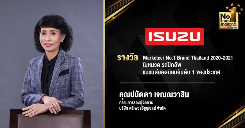 ‘อีซูซุ’ได้รับรางวัลเกียรติยศ‘No.1 Brand Thailand 2020-2021’แบรนด์ยอดนิยมอันดับ1รถปิกอัพ
