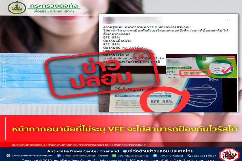 ‘โฆษกดีอีเอส’เตือนอย่าเชื่อข่าวปลอม หน้ากากอนามัยไม่ระบุ VFE ป้องกันไวรัสไม่ได้