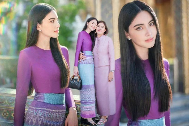 'ใหม่ดาวิกา' ในลุคชุดไทยคัลเลอร์ฟูลสุดหรูหราทำบุญวันเกิดคุณแม่