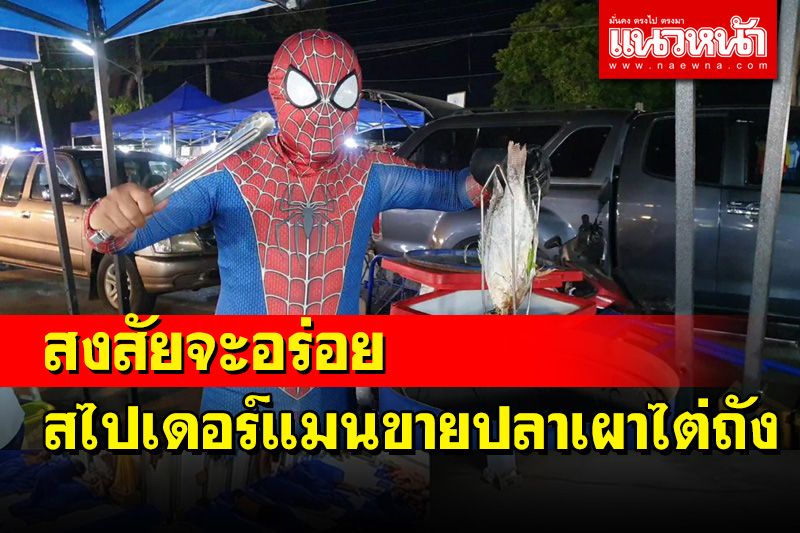 ฮือฮา! สไปเดอร์แมนขายปลาเผาไต่ถังบนถนนคนเดินเทศบาลเมืองพะเยา