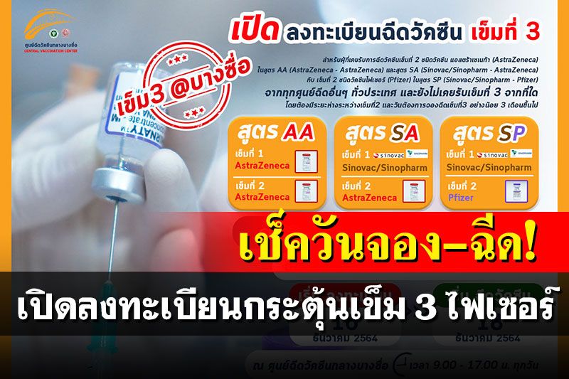 เช็คสิทธิ! 'ศูนย์บางซื่อ'เปิดลงทะเบียนฉีดกระตุ้นเข็ม 3 ไฟเซอร์