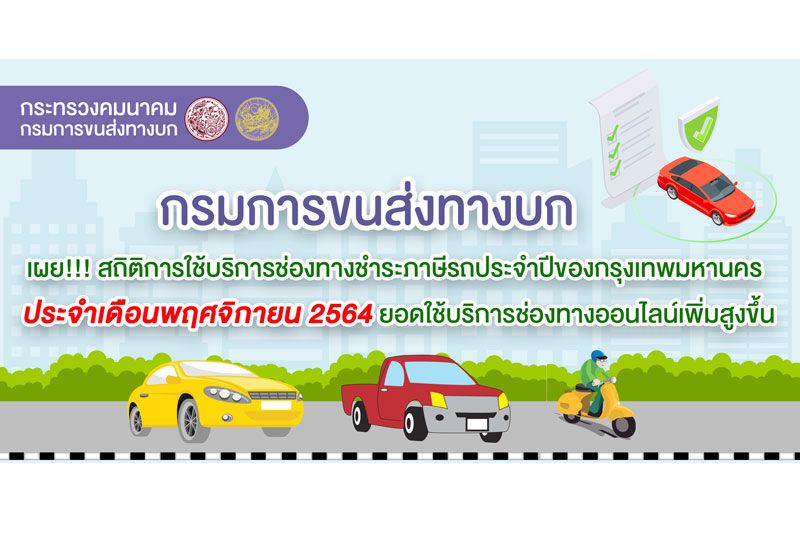 ชำระภาษีรถประจำปี ออนไลน์ เดือน พ.ย. 2564 เพิ่มสูงขึ้น