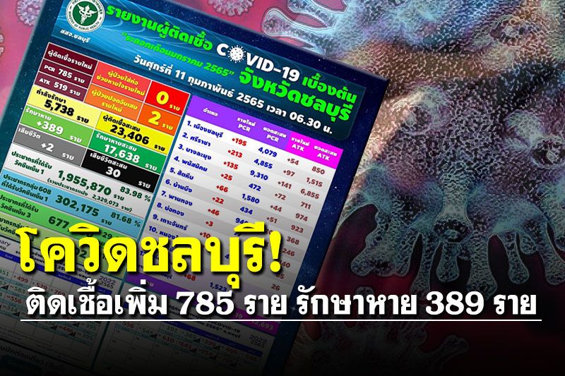 โควิดชลบุรี! ติดเชื้อเพิ่ม 785 ราย รักษาหาย 389 ราย