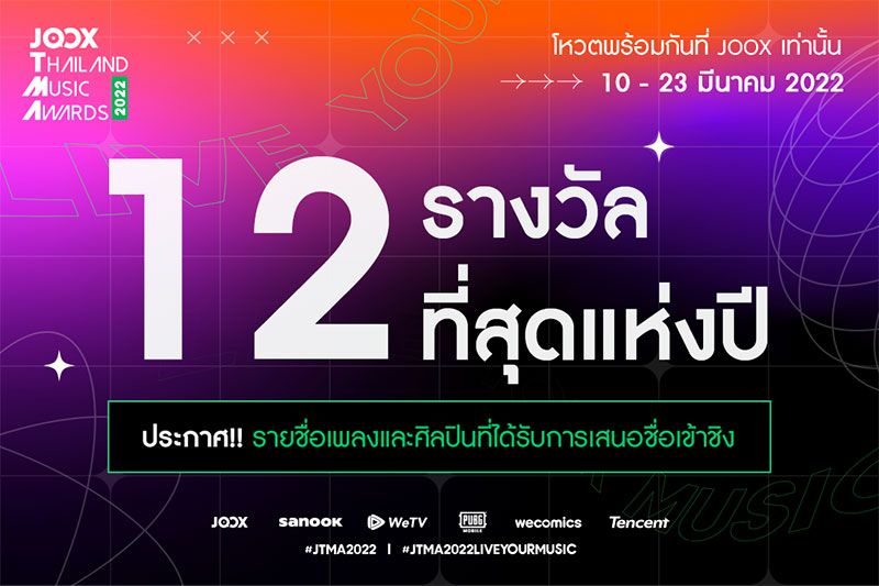 ปิดลิสต์เข้าชิง‘JOOX Thailand Music Awards 2022’ สุดยอดรางวัลทางดนตรีแห่งปี 12 สาขา