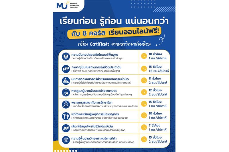 Mahidol University Extension (MUx) มหาวิทยาลัยมหิดลเปิด8คอร์สเรียนออนไลน์ฟรีพร้อมรับCertificate