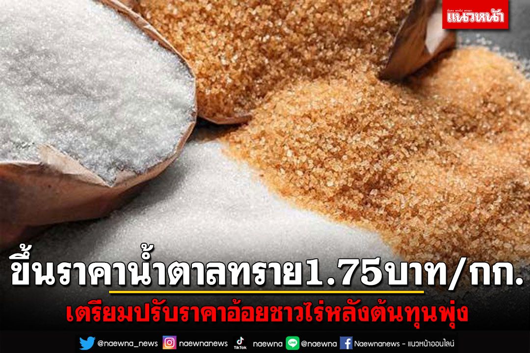 ขึ้นราคาน้ำตาลทราย1.75บาท/กก.  เตรียมปรับราคาอ้อยชาวไร่หลังต้นทุนพุ่ง