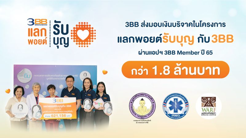 3BB ส่งมอบเงินบริจาคในโครงการ 'แลกพอยต์รับบุญกับ 3BB' ปี65กว่า1.8 ล้านบาท