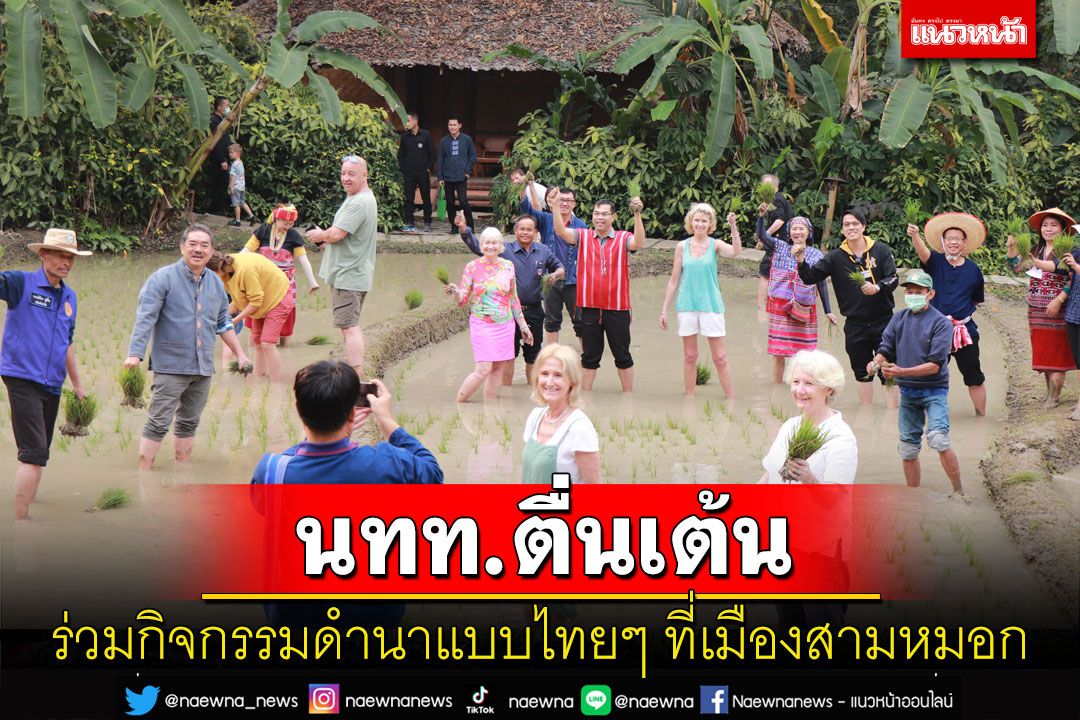 นักท่องเที่ยวต่างชาติตื่นเต้นร่วมกิจกรรมดำนาแบบไทยๆ ที่เมืองสามหมอก