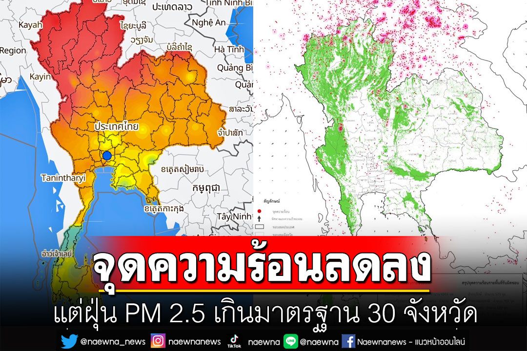 จุดความร้อนไทยลดลงเหลือ 1,176 จุด แต่ฝุ่น PM 2.5 เกินมาตรฐาน 30 จังหวัด