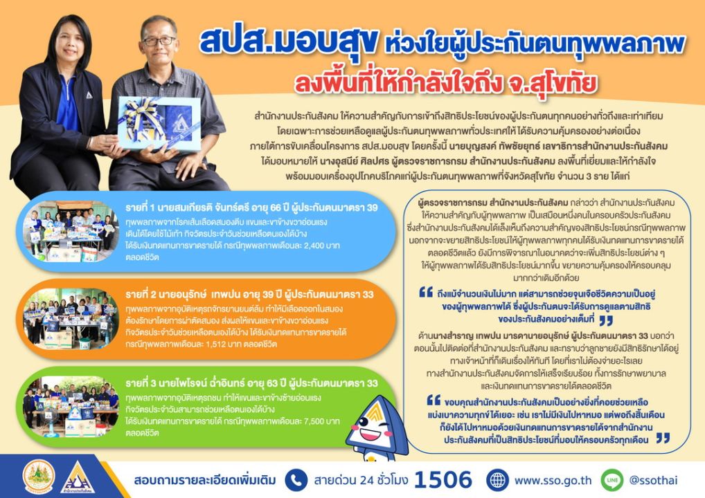 สปส.มอบสุข ห่วงใยผู้ประกันตนทุพพลภาพ ลงพื้นที่ให้กำลังใจถึง จ.สุโขทัย