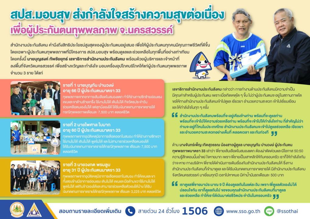 สปส.มอบสุข ส่งกำลังใจสร้างความสุขต่อเนื่อง เพื่อผู้ประกันตนทุพพลภาพ จ.นครสวรรค์