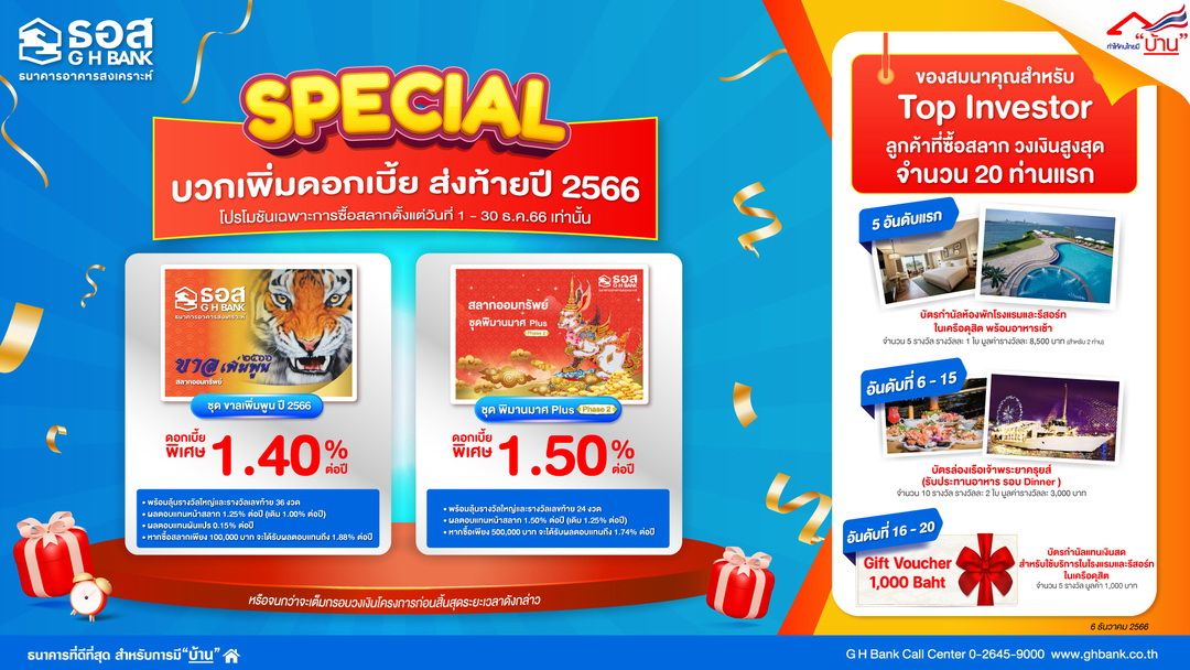 SPECIAL...บวกเพิ่มดอกเบี้ยส่งท้ายปี 2566 กับ สลากออมทรัพย์ ธอส.  ชุด พิมานมาศ Plus Phase 2 และ ชุดขาลเพิ่มพูน ปี 2566