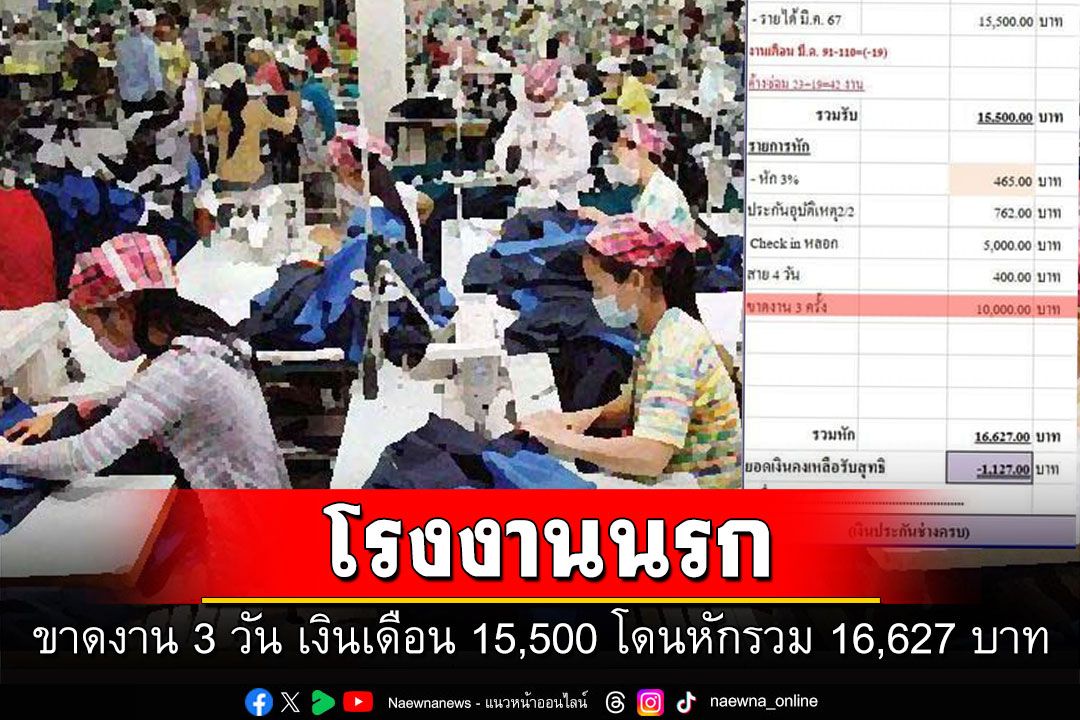 โรงงานนรก! หนุ่มแฉขาดงาน 3 วัน เงินเดือน 15,500 โดนหักรวม 16,627 บาท
